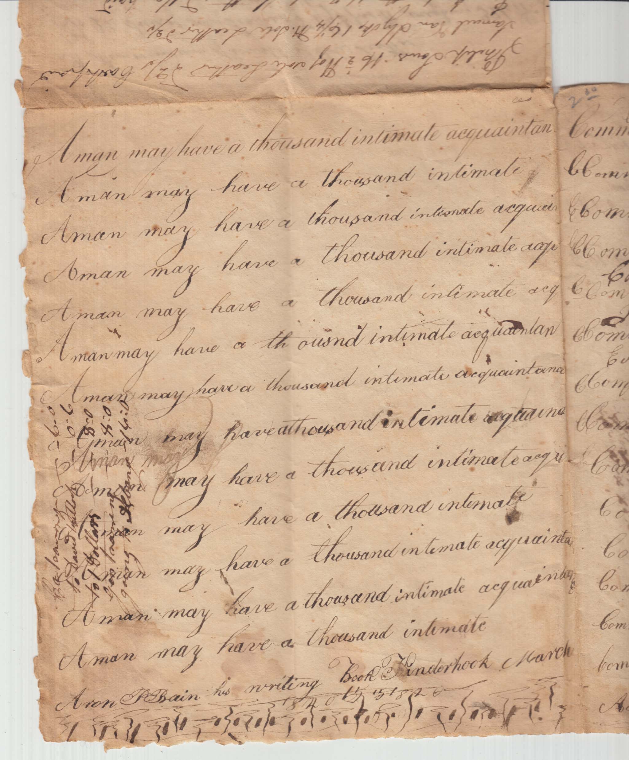 BH106, 1821 Ledger, Christina Huyck's Sole Leather Sales, and Penmanship Practice Sheet of Aaron Bain